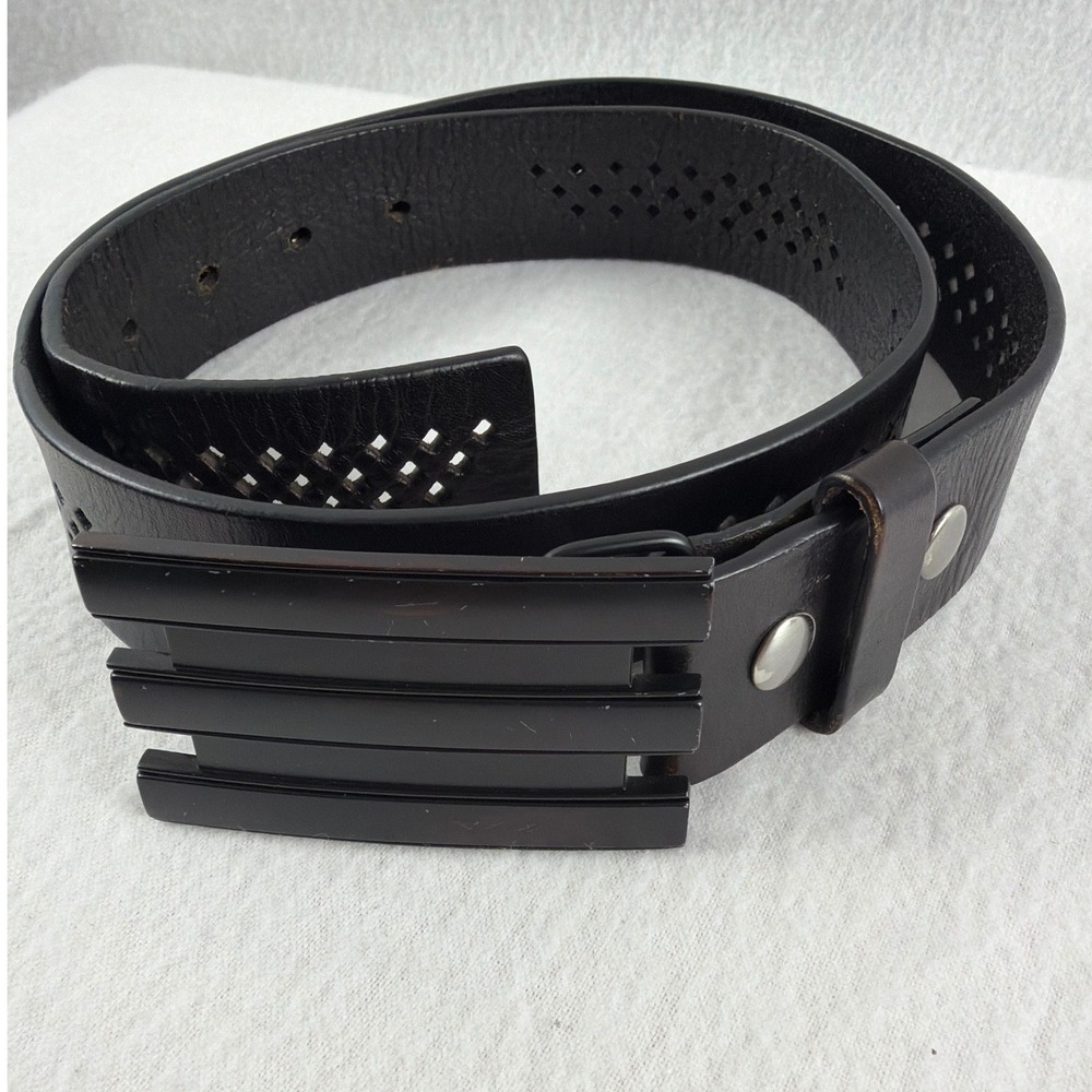 Adidas Mens Black Leather Belt Perforated Strap Three Stripe Metal Buckle 38in